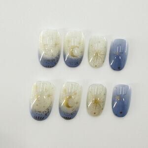 Fairy Galaxy Moon Stars Blue Purple Aurora Cat Eye Golden Lines Press on Nails